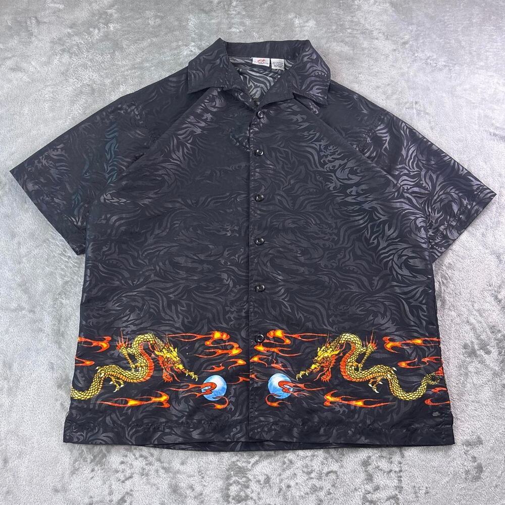 Vintage Y2K Anchor Blue Dragon Shirt Mens Medium Black AOP Button Down